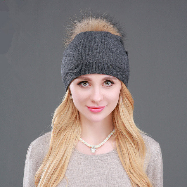 1183 Women Knit Wool Beanie Removable Raccoon Fur