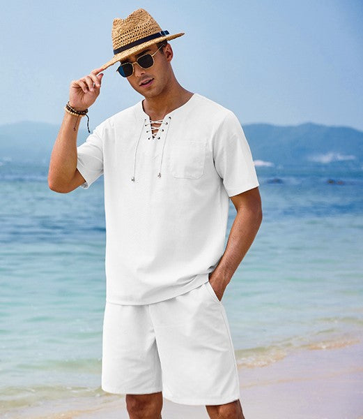 5112 V-NECK WITH STRAPS MENS LINEN Shirt