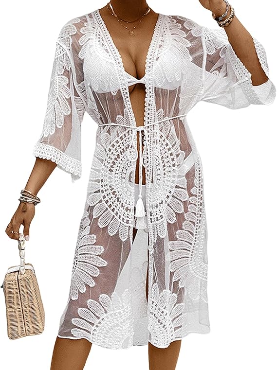 5419 Crochet Sheer Open Front Long Cardigan Beach
