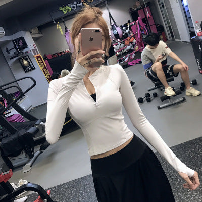 3019 Women Workout Crop Tops Athletic Fitness Tight Tee with Thumb Hole Seamless Shirt