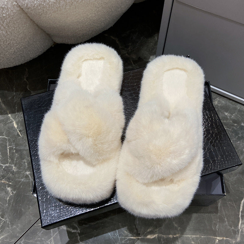 Women Winter Fluffy Fur Slippers Warm Soft Sole Flip Flops Fashion Flat 300