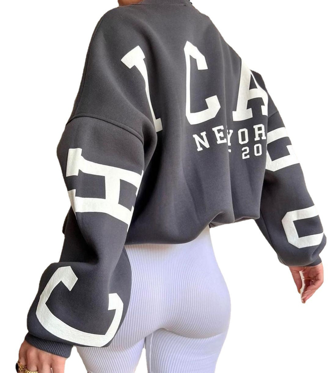 1331 Womens Graphic Oversize Letter Chicago Graphic Print Sweatshirt Drop Shoulder Crewneck Pullover Tops