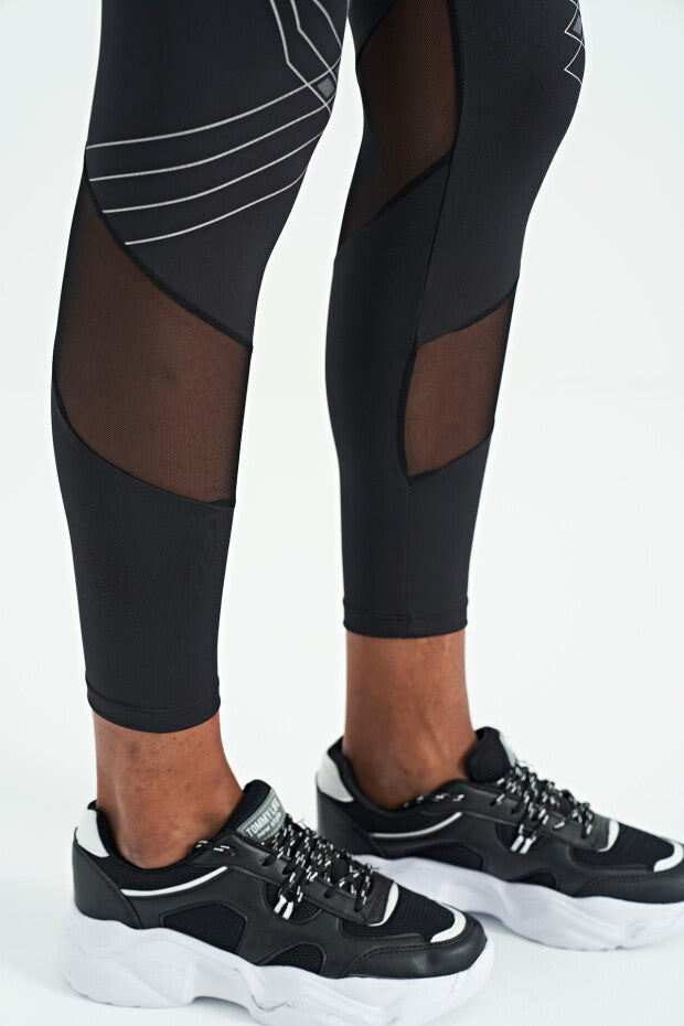Mesh Detailed Printed High Waist Slim Fit Women's Leggings - 94631