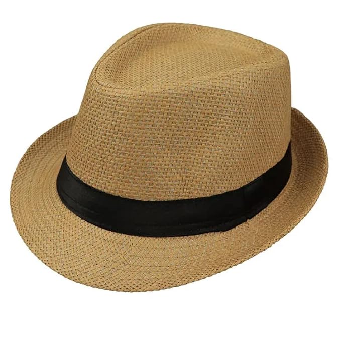 1113 Straw Hat Contrast Ribbon Fedora Curly Brim Unisex Panama Jazz Trilby Hat Cap