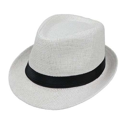 1113 Straw Hat Contrast Ribbon Fedora Curly Brim Unisex Panama Jazz Trilby Hat Cap