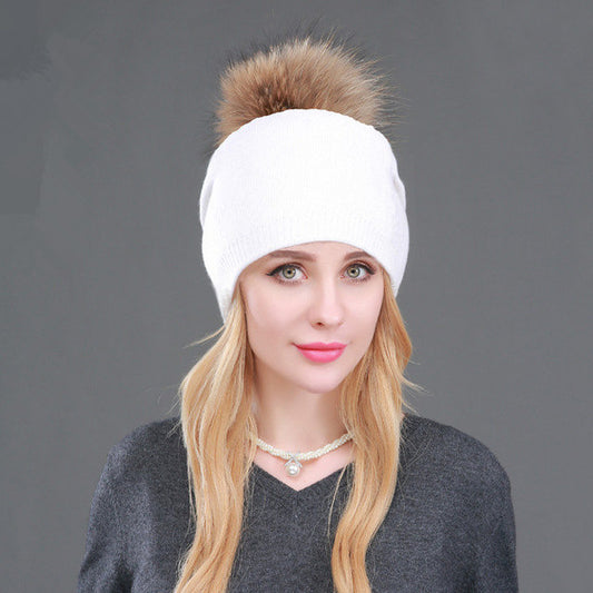 1183 Women Knit Wool Beanie Removable Raccoon Fur