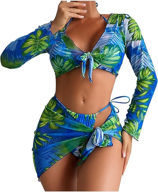 1164 4 Piece Swimsuit for Women Sexy Triangle Halter Bikini Set with Long Sleeve Sun Shirt Beach Coverup Skirt Bathing Suit