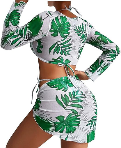 1164 4 Piece Swimsuit for Women Sexy Triangle Halter Bikini Set with Long Sleeve Sun Shirt Beach Coverup Skirt Bathing Suit