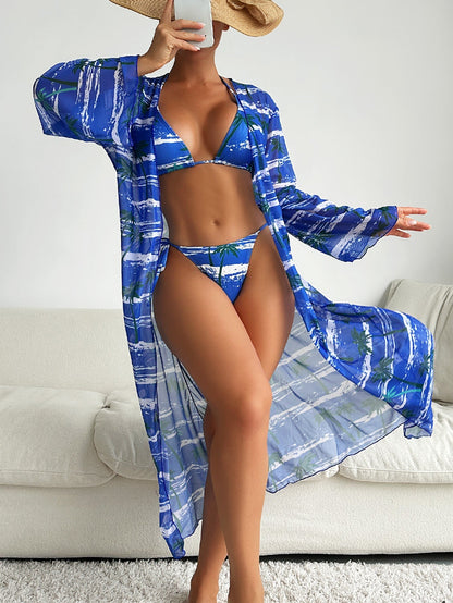 1165 3 Piece Swimsuit Women Beach Cover Up Wrap Halter Bikini Tropical Print