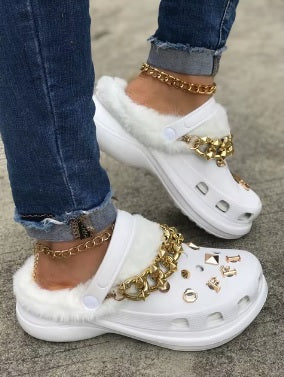 1360 Women Thick Sole Plush Slippers Gold Chain Rivets crocs