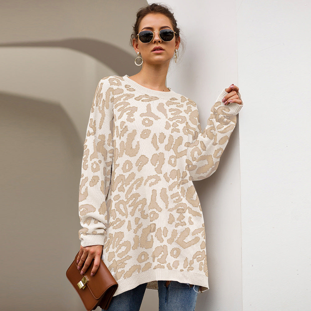 701062 Women's Sweater Women Leopard Print Long Sleeve Crew Neck Knit Loose Fit Oversized Pullover Sweater