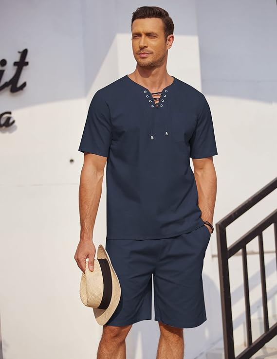 5112 V-NECK WITH STRAPS MENS LINEN Shirt