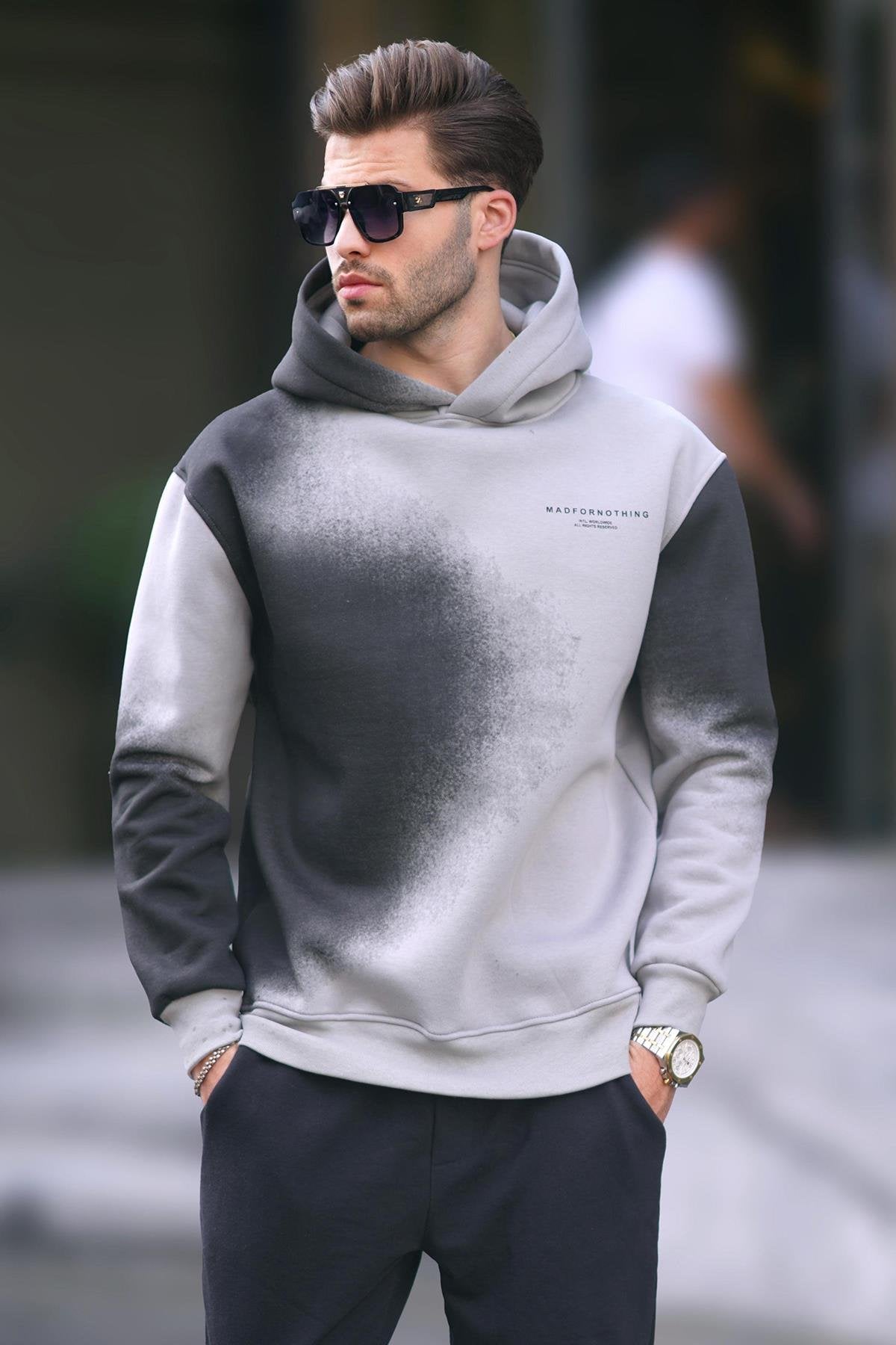 7051 Printed Hooded Faded Fabric Men's Sweatshirt