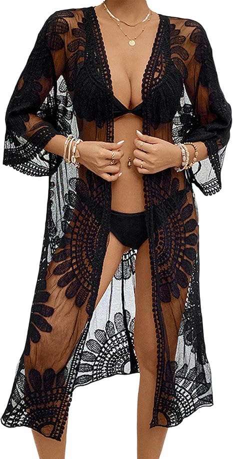 5419 Crochet Sheer Open Front Long Cardigan Beach