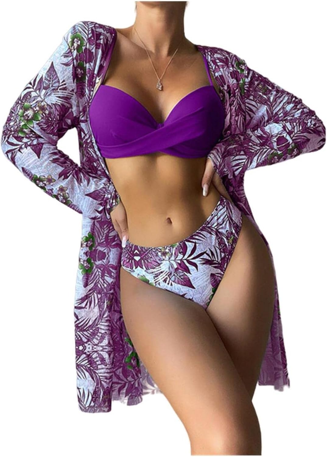 5416 Lila 3 Pieces Bikini Set Cover Up Swimsuit