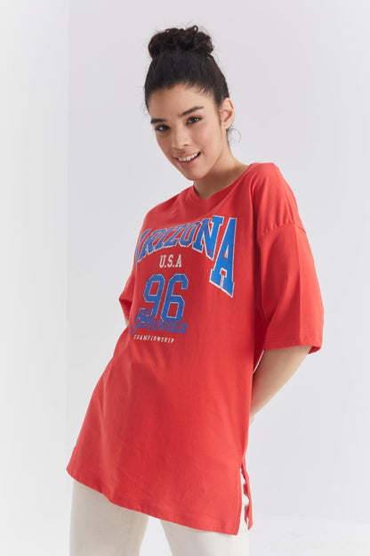 Women's  Big Text Printed O Neck Oversize Low Shoulder T-Shirt - 97218