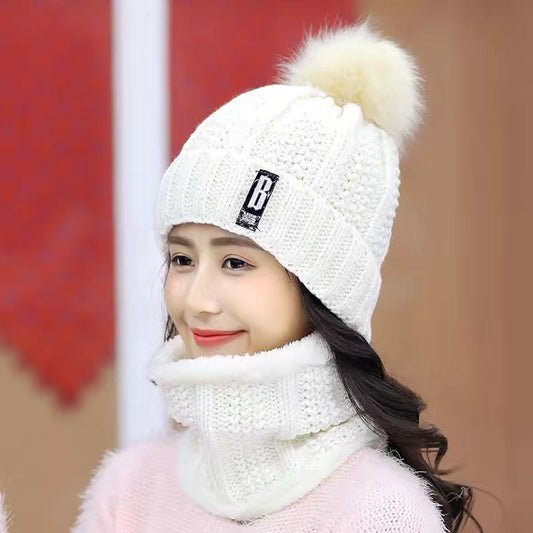 Winter Hat Women's Thick Knit Warmth Beanie Hat Bib Women Windproof Stitching Knitted Pullover Cap Set 551