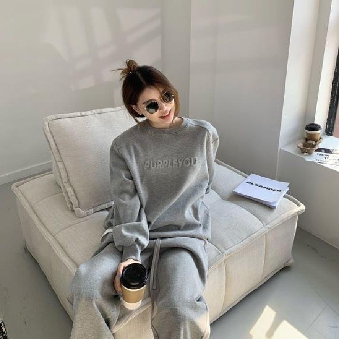 Autumn Winter Women Letter Print Pants Big Sets Long Sleeve Purple Loose Sweatpants 328