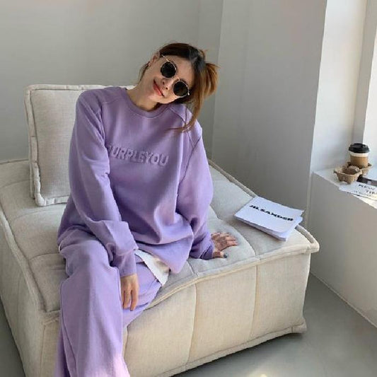 Autumn Winter Women Letter Print Pants Big Sets Long Sleeve Purple Loose Sweatpants 328