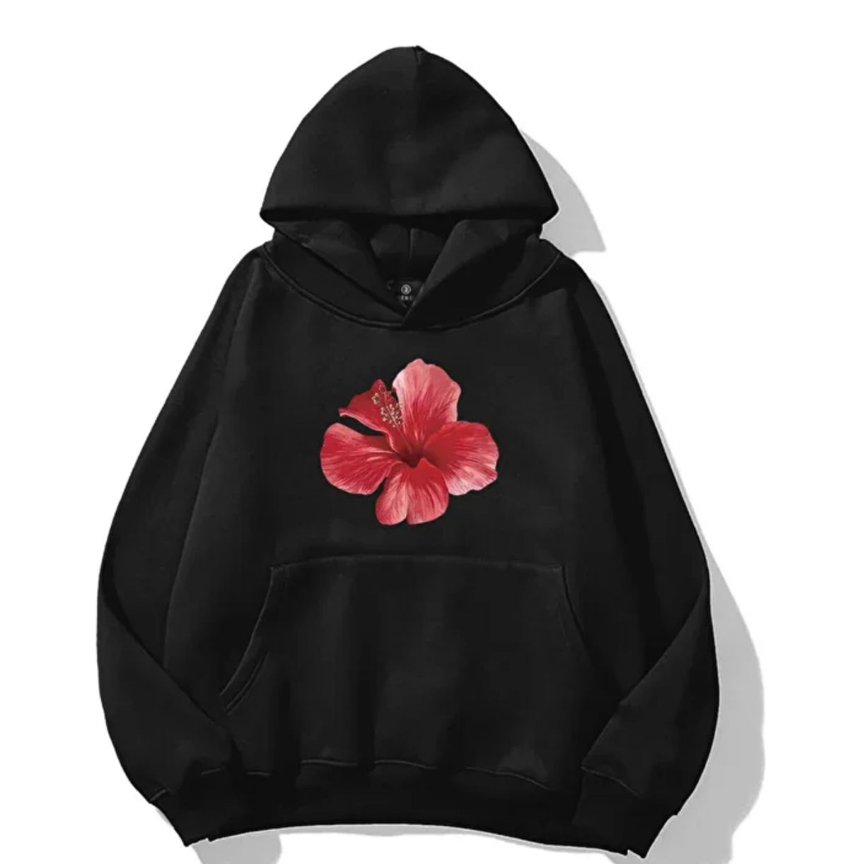 111122 Red Hibiscus on Black on Women's Hoodie