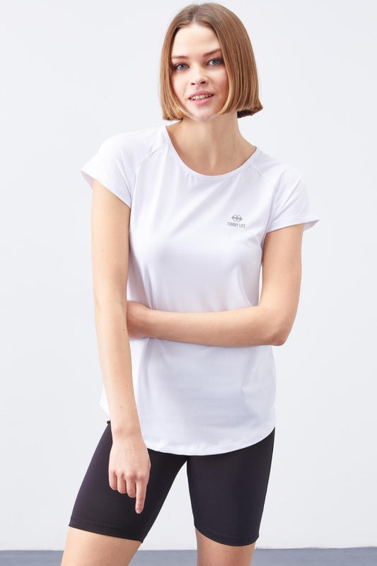 Back Window Short Sleeve Standard Mold O Neck Women's T-Shirt - 97101