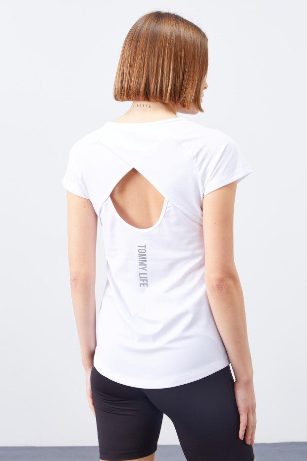Back Window Short Sleeve Standard Mold O Neck Women's T-Shirt - 97101